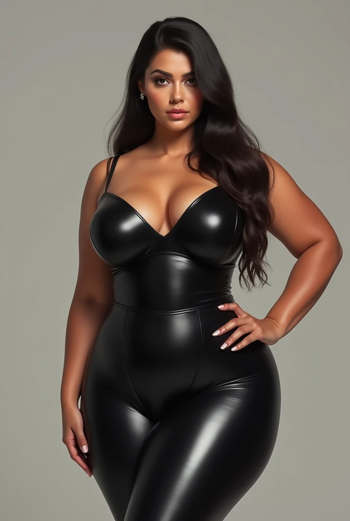 Sexy chubby woman with straight hair wearing shiny black leggings