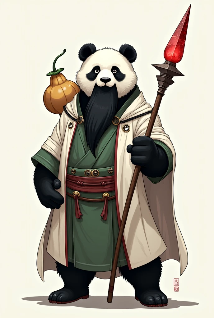 Panda Black Beard Simple Chinese Clothing、White Cape、Inside is a Taegeuk figure with a green dress, a gourd on his back, and a ruby embedded in the tip of a spear.