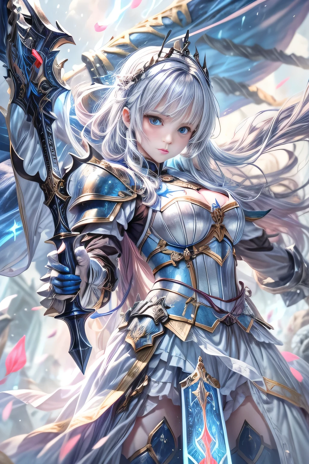 A female knight recognized by the legendary holy sword Excalibur、With the protection of the spirit of light, it emits an aura of light.、8k.Half Russian and half Japanese、Russian face、beautiful girl、princess、、Small face、Young face、Big eyes、Skinny、Small breasts、（（（Silver Hair、Silver Hair）））、With bangs、（（（High resolution big beautiful light blue glowing eyes, ）））、Shortcuts、Bobcut、（（（Red ribbon in hair、Floral decoration）））、Partially braided、Transforms into an armored knight at the call of the holy sword Excalibur.、Large sword、A holy sword that emits a pale blue light、（（god々He holds up his sword, shining a deep blue, to the sky.））、god々A sword that shines brilliantly、Shield of Light、Armor of Light、fantasy landscape、Fantasy、（Battle with the Dark Knight、Fighting the Demons、Fighting the beastmen）A dragon knight riding a flying dragon through the sky