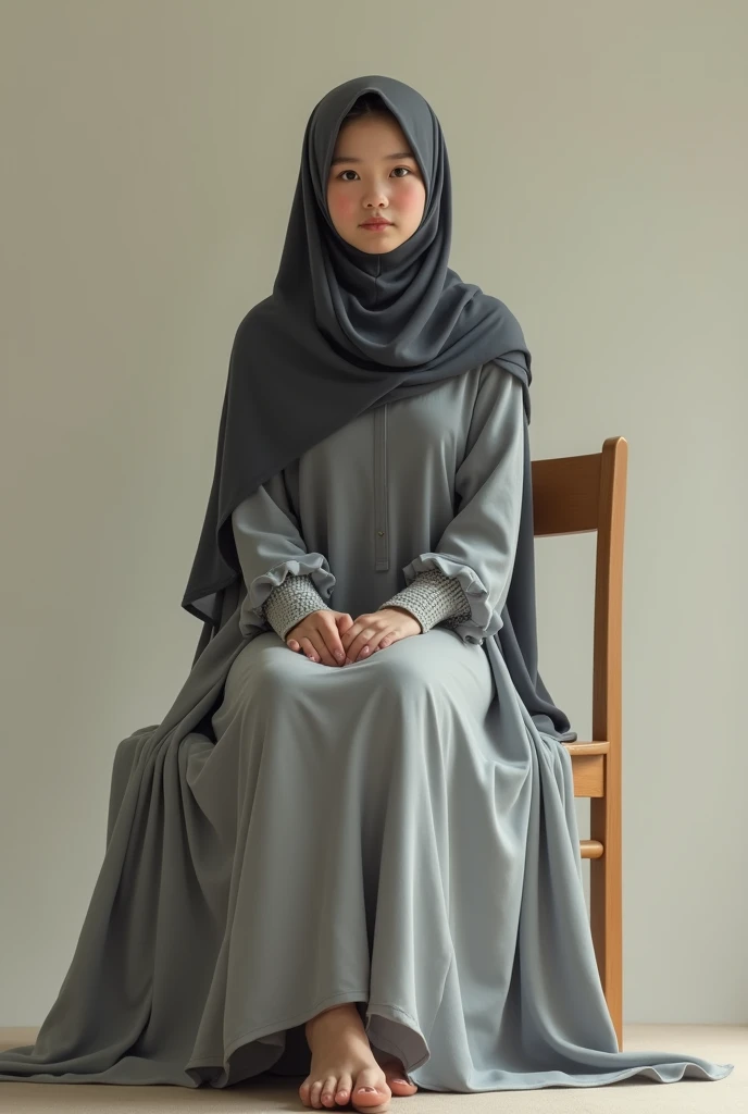 Full body, yo japanese girl wearing hijab and grey dress posing on chair