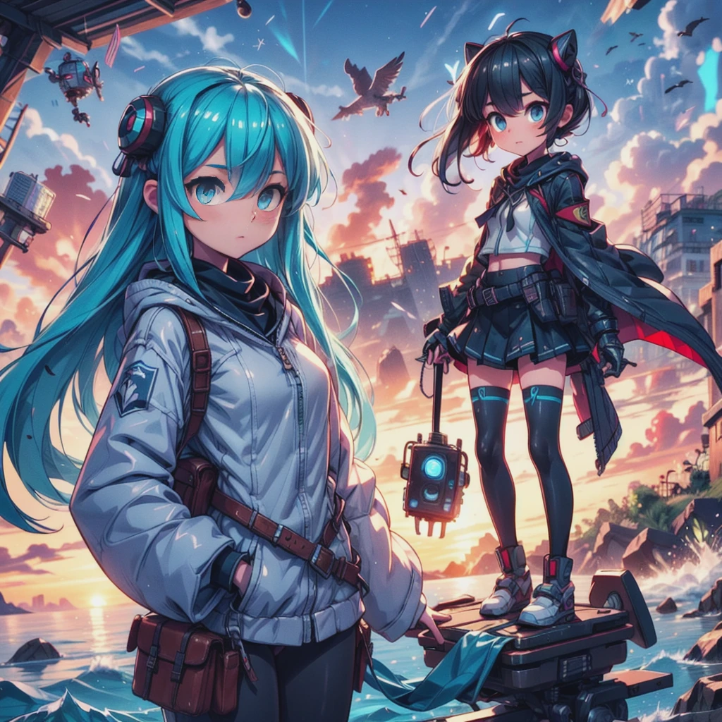 "A whimsical portrait of a girl perched on a giant mechanical bird, soaring towards the sunrise. Her hair flows behind her, forming clouds filled with bioluminescent marine life and tiny weather-controlling drones." theme：Adventure meets environmental control