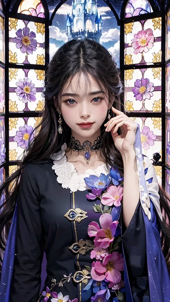 masterpiece, best quality, ultra detailed, insanely detailed, exquisite, beautiful, 8K,肩に白い鳥
, happy, field of flowers, sky, smiling, laughing, in the field of flowers, in the flower garden, in the clouds, with a full moon, with a rainbow, blue sky and shining lights, with a flower, with a castle, beautiful, fantasy, intense closeup shot, on right
