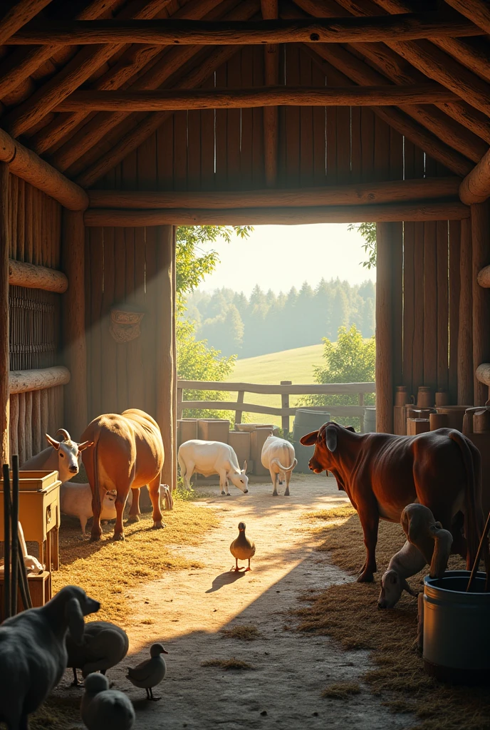 Make a realistic inside of a stable of a small old barn with goats and ducks and cows