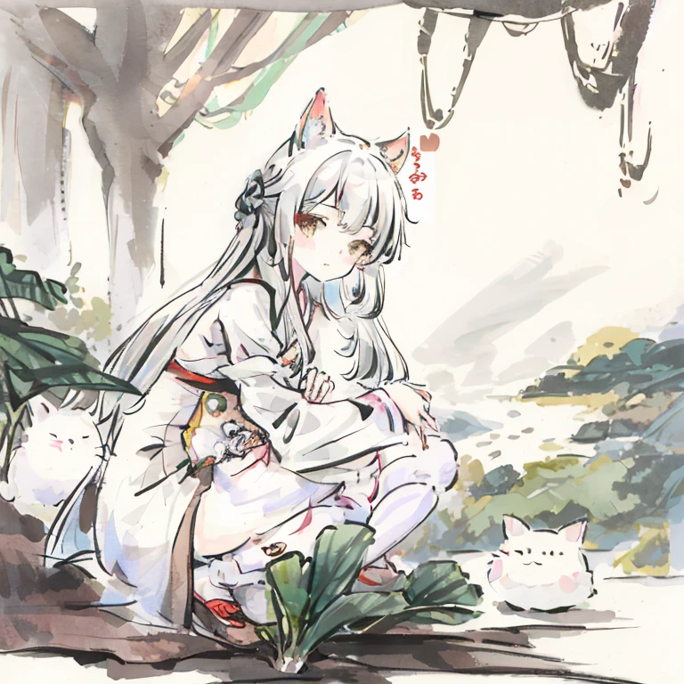 Animated character lying on the floor,There is a cat in the background, anime girl squatting, Meow, Anime catsgirl, white cat girl, cute Anime catsgirl, From Girls Frontline, White fox, Highest rated on pixiv, Nekomimi, Popularity on pixiv, Anime cats, There is a cat next to her((4K, masterpiece, best quality)), ink painting, traditional Chinese ink painting, lotus, han dress, maxi kit, modest outfit single girl, 独奏, gray hair, long hair, fox ears, Caucasian, 比基尼, Fish, lots of fish nearby, Look at the beholder, Tease