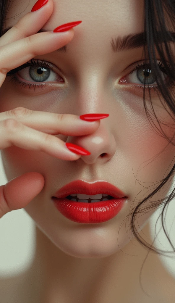 ((top quality)), ((masterpiece)), (detail), perfect woman's face, covering part of the face with beautiful fingers, red nails, perfect hands, very detailed.