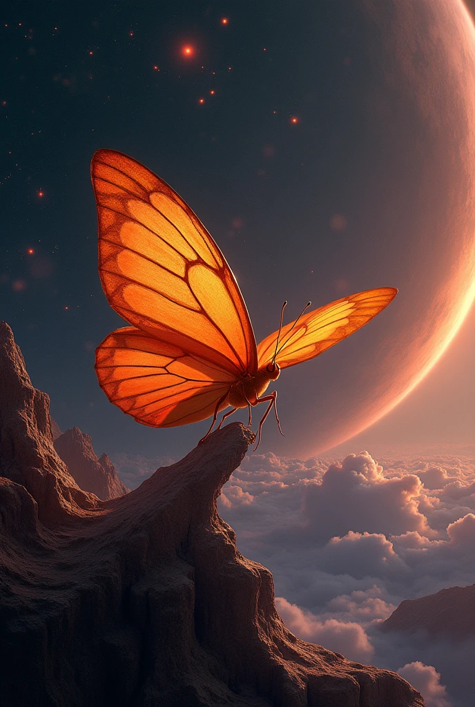 Orange butterfly in space perched on a planet in realistic style