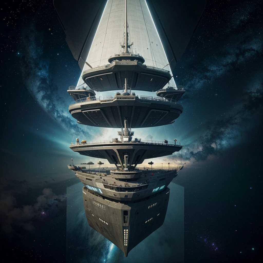 a future and futuristic ship that contains and transports various kinds of animals and plants, with stellar and space backgrounds