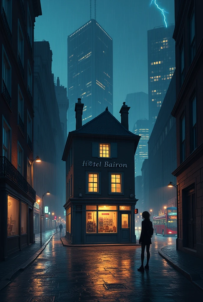 symmetrical image, old europe street, midnight, small hostel building, two floors, text says " HOSTEL BAIRON", hostel sandwitched beetween two high buildings, old london style, light rain, lightning, megapolis blurred lights on background, tourist bus driving away, girl standing close on right silloutte