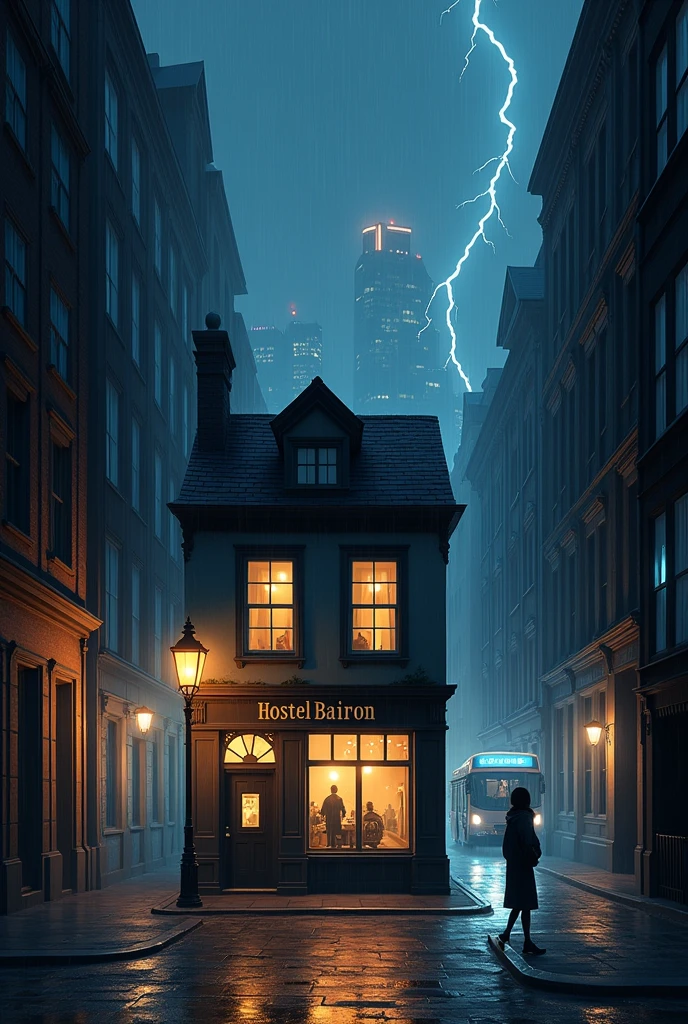 symmetrical image, old europe street, midnight, small hostel building, two floors, text says " HOSTEL BAIRON", hostel sandwitched beetween two high buildings, old london style, light rain, lightning, megapolis blurred lights on background, tourist bus driving away, girl standing close on right silloutte