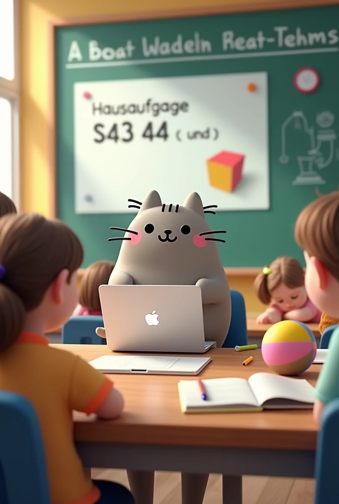 Create an image of a young female teacher as the character Pusheen sitting in a B2 German language class. She is sitting at her desk with a silver MacBook, a few books, and a medium colorful ball on the desk. Behind her is an big elektro smartboard with written hausaufgabe(s43 und 44 ) on it, and there are so many big students in the class