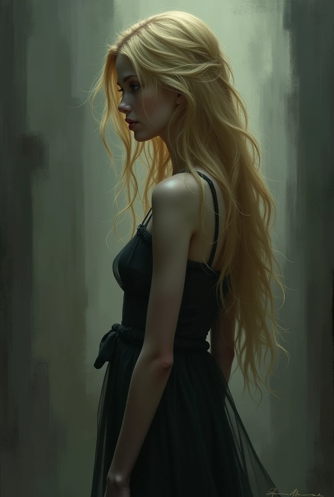 I need a blonde woman with a melancholic background turning her back
