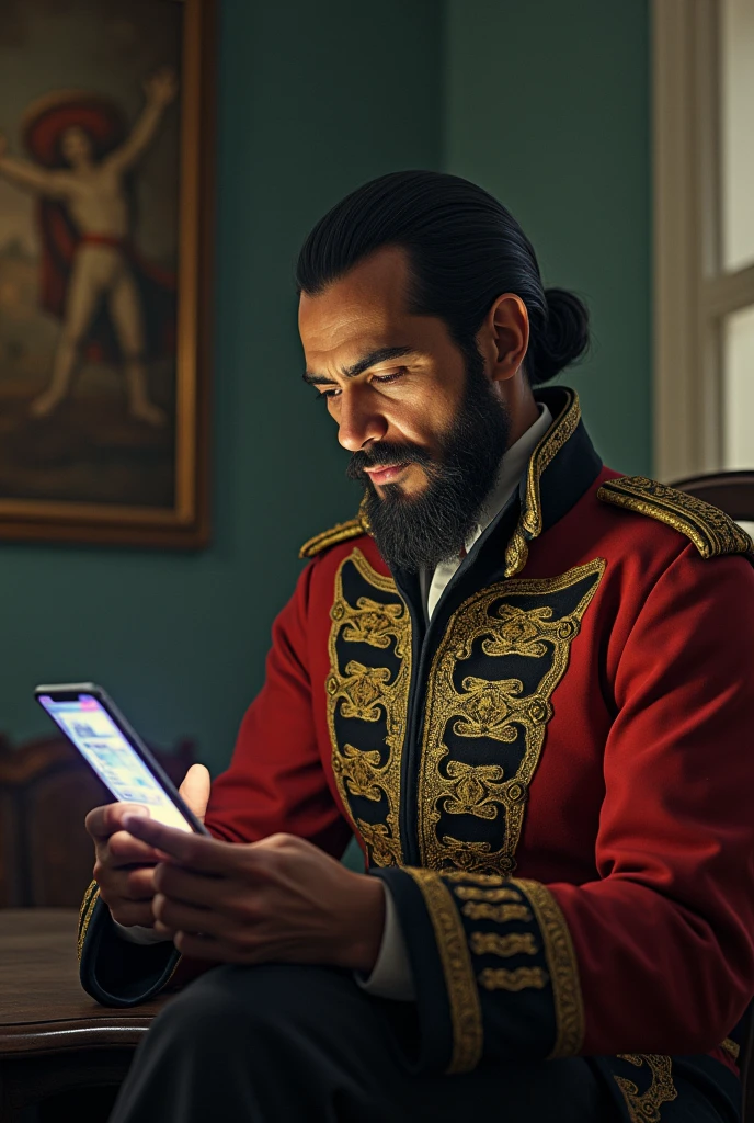 Bolívar is sitting in an environment that combines historical elements. He is focused on his cell phone., watching a live broadcast about contemporary events, perhaps related to independence or historical issues. His expression is one of curiosity and reflection, combining the seriousness and character that defined him with the wonder of today's technology.
The atmosphere around