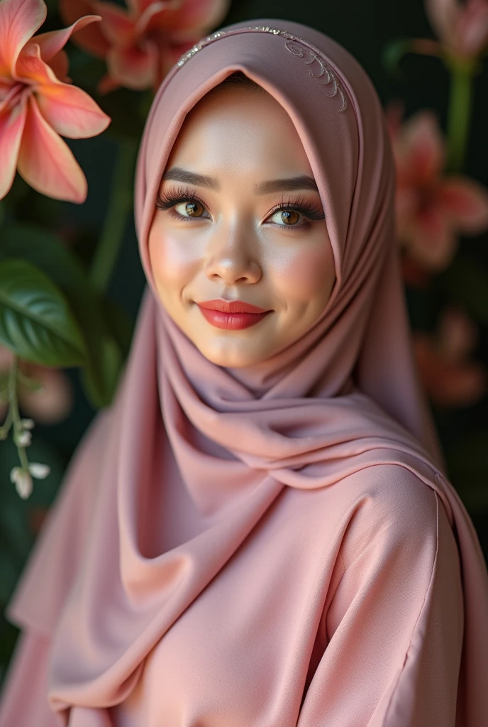 (Masterpiece), (high detail), beautifull indonesian woment, bold make up, soft pink gamis dress like kimono, pink pattern hijab, close up, flowers on the baground, real photograpy,  upper body, relaxe photo, realistic, 5D, 8K