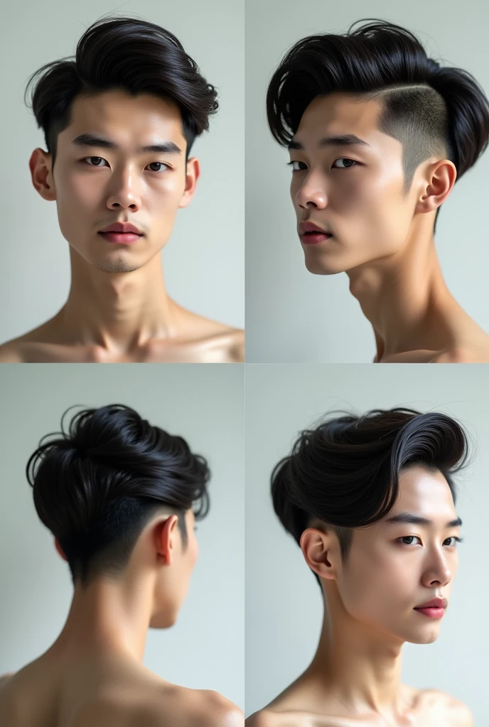 The image is a collage of four photos of a asian man with different elegant hairstyles, same face, thin face.