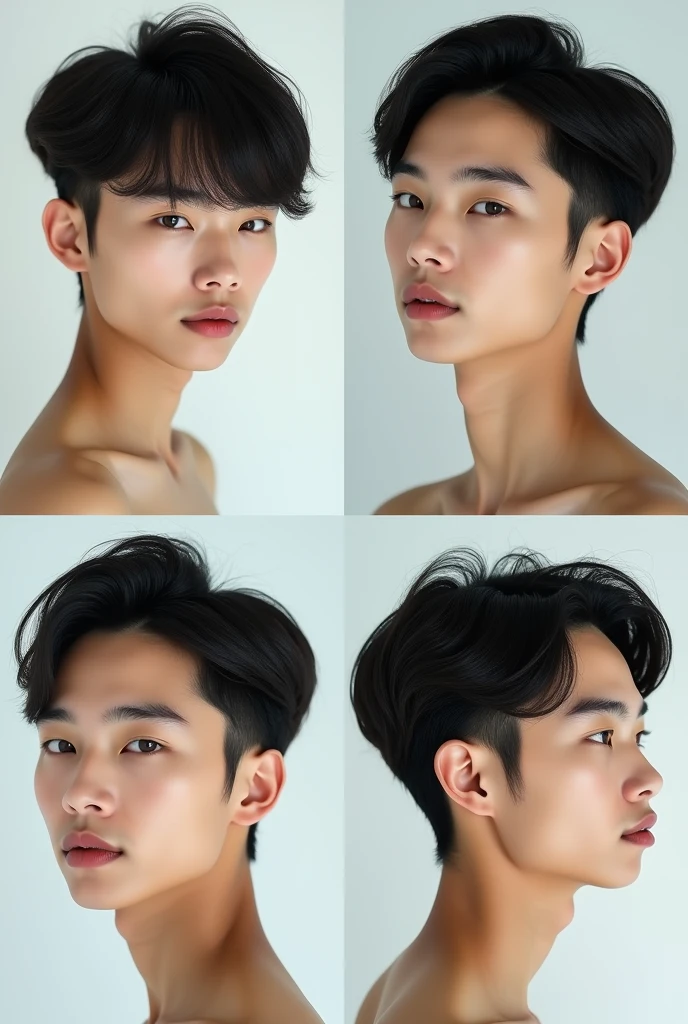 The image is a collage of four photos of a asian man with different elegant hairstyles, same face, thin face.