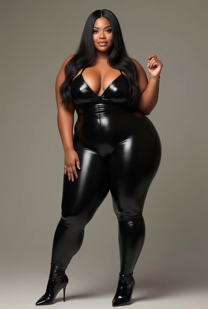 Sexy chubby woman with straight hair wearing shiny black leggings