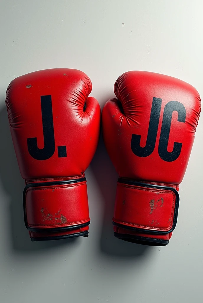 Red boxing gloves with black lettering "JC" (in capital letters) engraved on them 