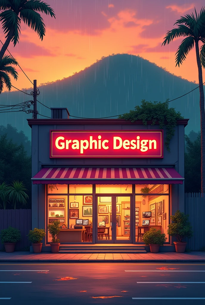 Big
Graphic design studio in Indian city street with studio name board, car parking in front it
,with grenaey hill background, orange evening sky rainy water on road anime in India