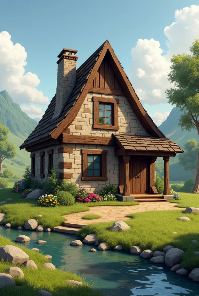 A block house with a triangular roof 