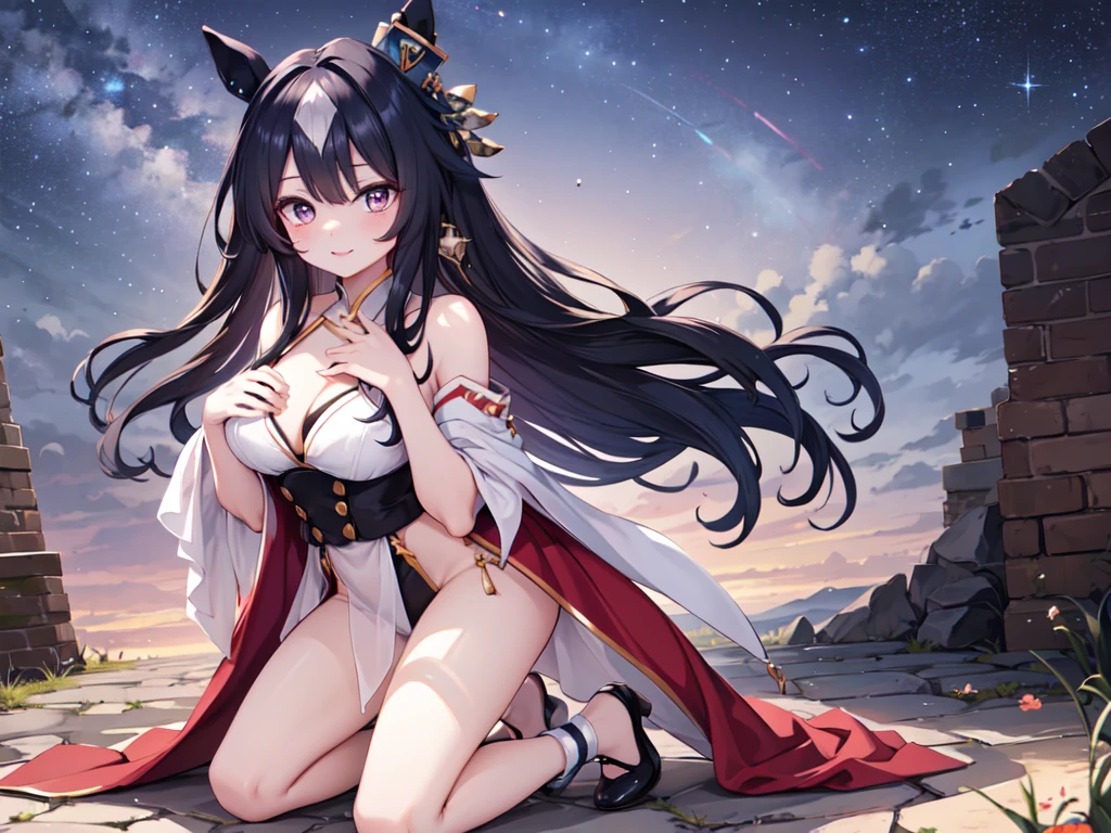 Masterpiece, high quality, 8k, HDR、Chest centered。Cool horse ears beauty、smile、looking at the camera。Brown Eyes、Pink Lipstick、Glamorous Body。Red glasses、Shoulder less、Chestnut-colored active wear。Kneeling、Place your hands on your chest and waist。Night starry sky、Brick Road。