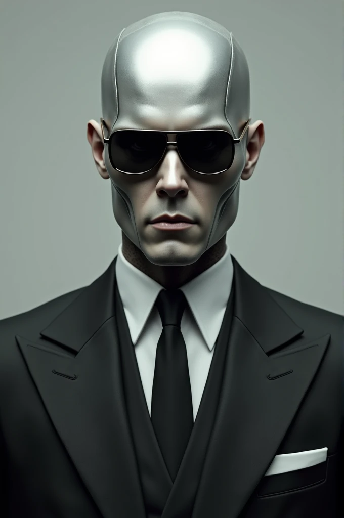 A robot man in a suit that makes him look very handsome, bald, with dark glasses looking straight ahead with freckles on one side of his face and a gray background