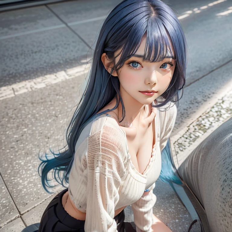 anime Girl with blue hair and black pants sitting on the ground, seductive anime girl, Anime cute art style, Smooth anime CG art, Attractive anime girl, Beautiful blue haired girl, Highest rated on pixiv, Girl with blue hair, anime girl with teal hair, Detailed anime character art, Digital anime illustration, Clean and detailed anime art, beautiful anime girl, digital animation art detailed face, cute face, ((masterpiece)), (Highest quality))), (Character design sheet, National costume, same characters, front, ~ Side, return), figure, 1 girl, whole body, Silver Hair, eyes hair, Beautiful Eyes, Princess Cut, Environmental change scene, Short skirt, Shyness, woman, girl, Are standing, Gothic Lolita, vtuber, Chartern Betarola, (simple returnground, white returnground: 1.3) ( masterpiece:1.2), (Highest quality:1.3)