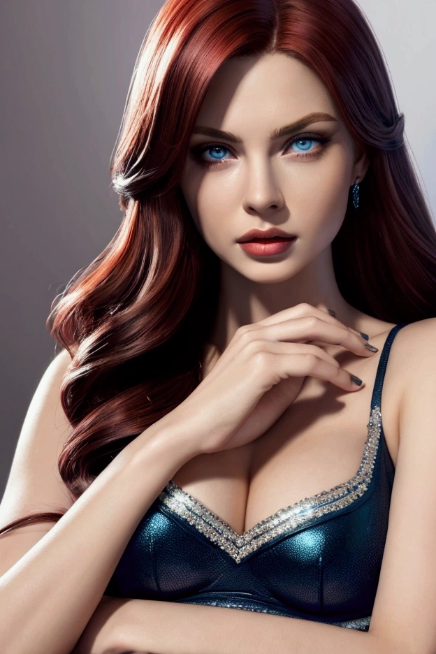 high quality fingers, normal hands, detailed fingers,masterpiece, (realistic, photo-realistic:1.37), (2 woman), katarina from league of legends, medium breast, small waist, dark red hair, blue eyes, beautiful face, perfect illumination, beautiful detailed eyes,looking at viewer, stunningly beautiful woman, detailed hairstyle, detailed background,shorts, detailed fantasy background, (sweat:1)