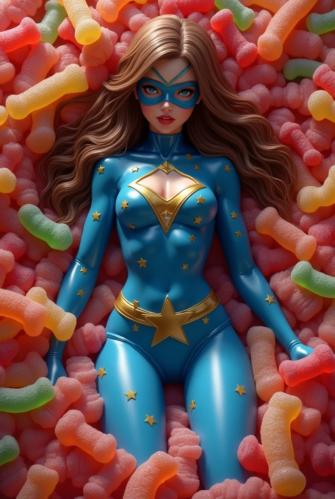Superheroine with light brown hair wearing skintight blue spandex her nipples protruding with gold stars on her outfit and wearing a blue mask is very weak and helpless. She’s fallen into a gummy bear and gummy worm pit and is covered and surrounded with gummy bears and gummy worms.