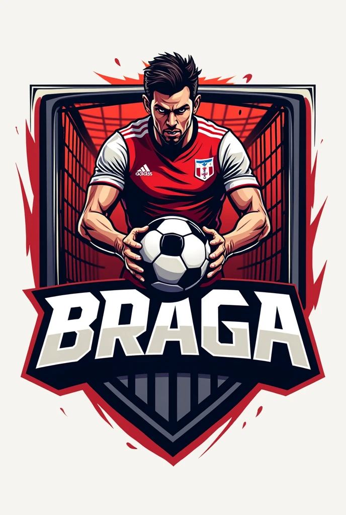 Football logo with the name Braga in the middle with a goalpost and a player holding the name