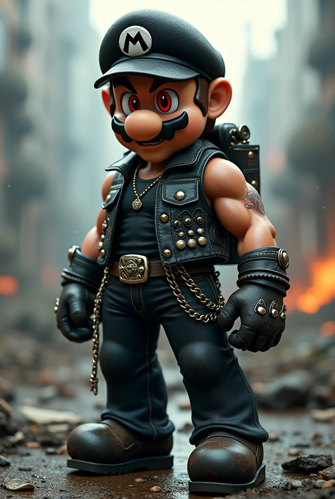 mario bross video game mario bross black rocker clothing black leather vest with guitar for metal metalhead chains rock bracelets black denim pants black boots, red eye iris in apocalyptic video game level, 3D ,video game type,in apocalyptic video game world,Whole body ,high resolution high detail cinematic volumetric