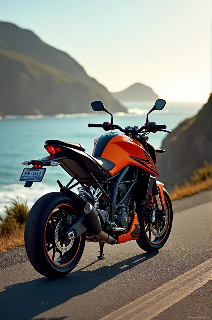 Ktm Duke 250 with the number plate of tn5050 in sea coast view