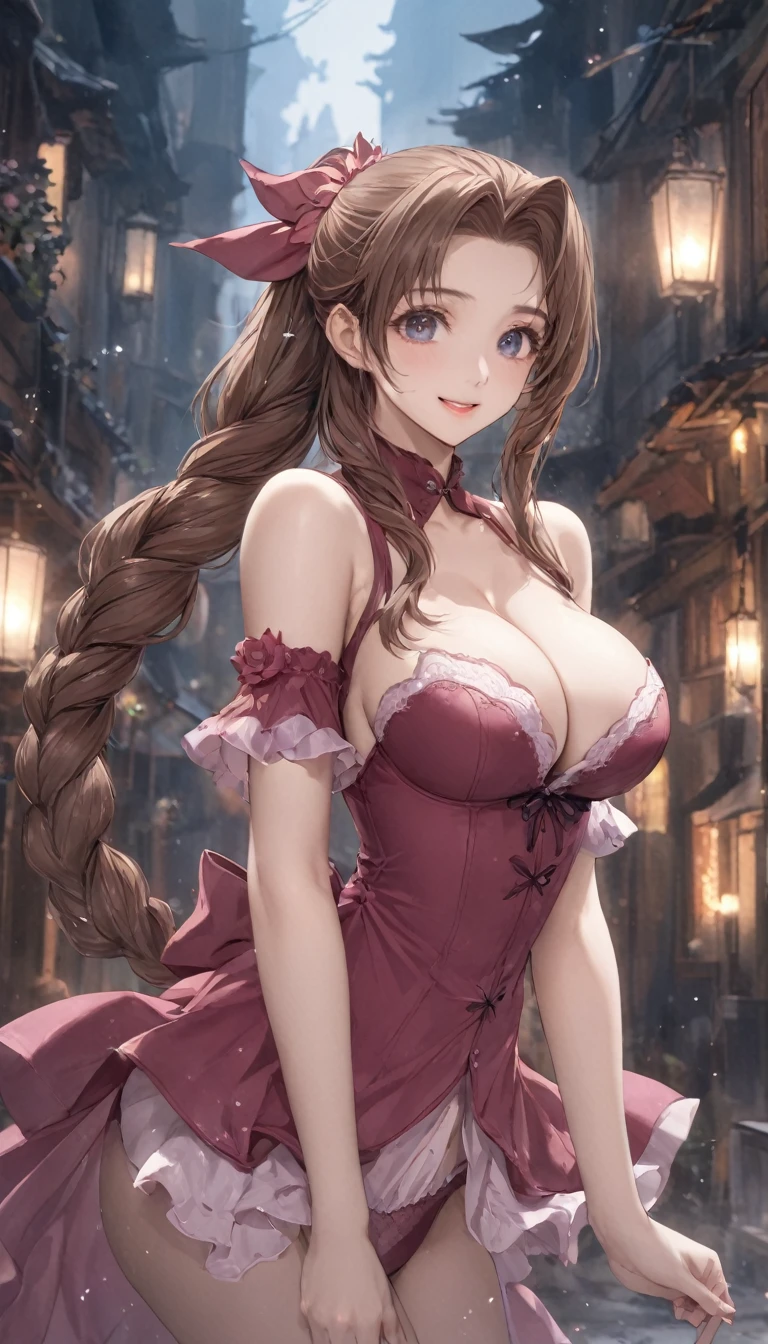 (((masterpiece))),((Highest quality)),Beautiful girl, Aerith, Sexy witch, bangs、(Long Hair, Braided ponytail:1.3)、(((huge firm bouncing bust, Deep cleavage)))、Translucent white skin, Sparkling sweat, (Underwear、ブラジャー、パンティ:1.3)、Japanese girl、 Beautiful digital artwork, Beautiful fantasy art, dynamic sexy poses, A kind smile, Mysterious Background, Aura, A gentle gaze, night