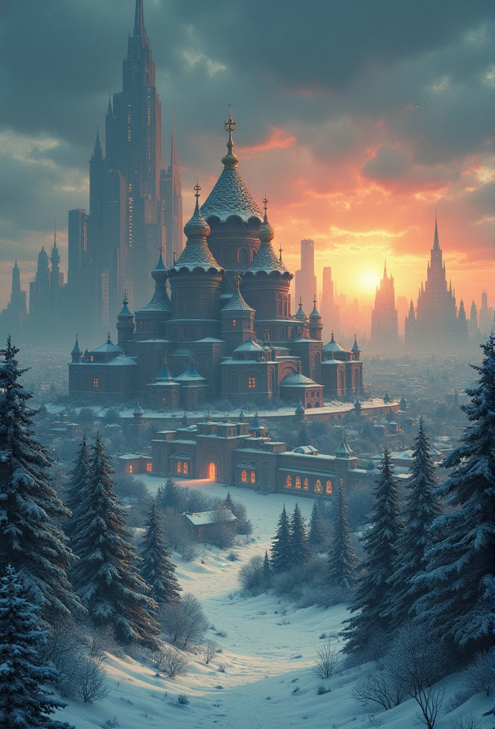  4k highly detailed digital art, 4k hd wallpapers very detailed, Impressive fantasy landscape, Sci-fi fantasy desktop wallpaper, Unreal Engine 4K Wallpaper, 4k detailed digital art, Sci-fi fantasy wallpaper, Epic dreamlike fantasy landscape, 4k HD matte digital, 8k HD Wallpaper Digital Art Close-up of a poster，Buildings in the background, A starlit city at sunset, Ivan Bilibin (Ivan Bilibin) of inspiration, Grainy Risograph Matte, Sacred City | illustration, inspired author：Igor Grabar, slav epic, Magical Soviet town, author：Igor Grabar, 受到瓦西里·马克西莫夫of inspiration, Andrei Ryakin (Andrei Ryabushkin) of inspiration，flat，illustration，Snow，flat，Vector，Geometry