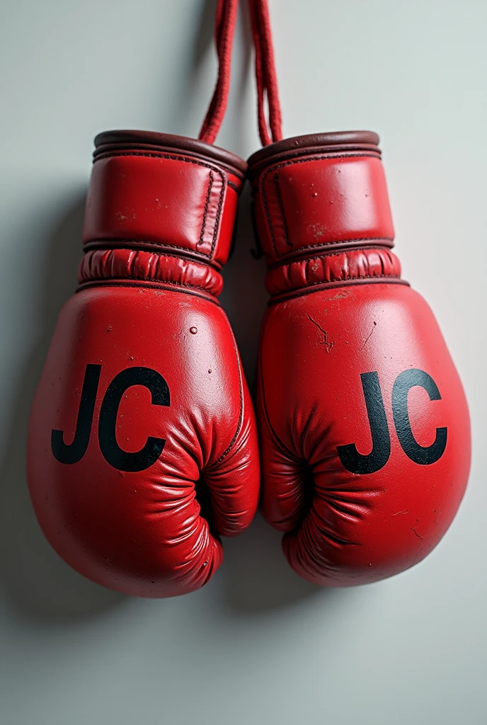 Red boxing gloves with black lettering "JC" (in capital letters) engraved on them 