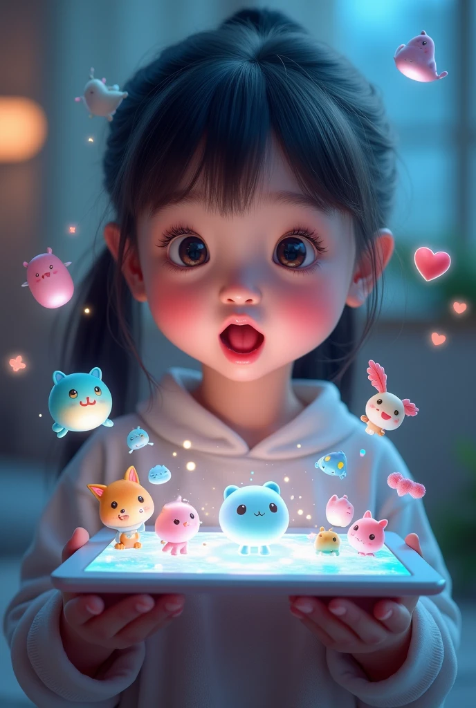 girl with surprised face,holding tablet,magical and cute things come out from screen,(best quality,4k,8k,highres,masterpiece:1.2),ultra-detailed,(realistic,photorealistic,photo-realistic:1.37),HDR,UHD,studio lighting,ultra-fine painting,sharp focus,physically-based rendering,extreme detail description,professional,vivid colors,bokeh,fantasy,surreal,digital art,cinematic lighting,dramatic lighting,soft pastel colors,glowing magical effects,whimsical,adorable,cute,magical realism