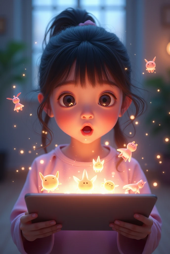 girl with surprised face,holding tablet,magical and cute things come out from screen,(best quality,4k,8k,highres,masterpiece:1.2),ultra-detailed,(realistic,photorealistic,photo-realistic:1.37),HDR,UHD,studio lighting,ultra-fine painting,sharp focus,physically-based rendering,extreme detail description,professional,vivid colors,bokeh,fantasy,surreal,digital art,cinematic lighting,dramatic lighting,soft pastel colors,glowing magical effects,whimsical,adorable,cute,magical realism
