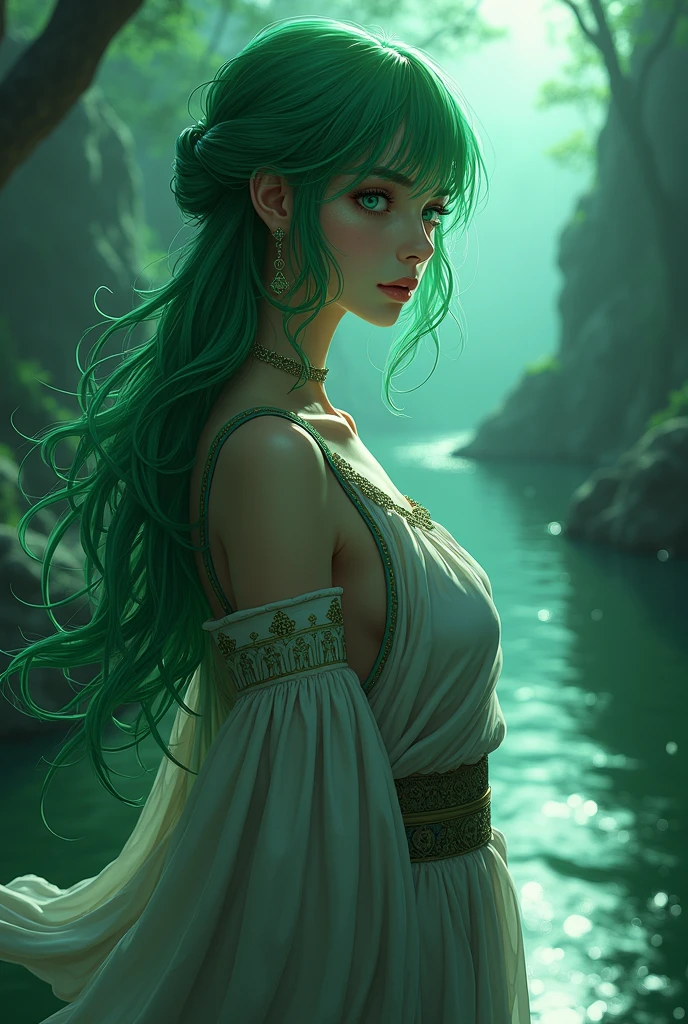 beautiful adult woman with green hair and green eyes, with ancient Greek clothing in anime style in the Greek Underworld located on the Cocytus River