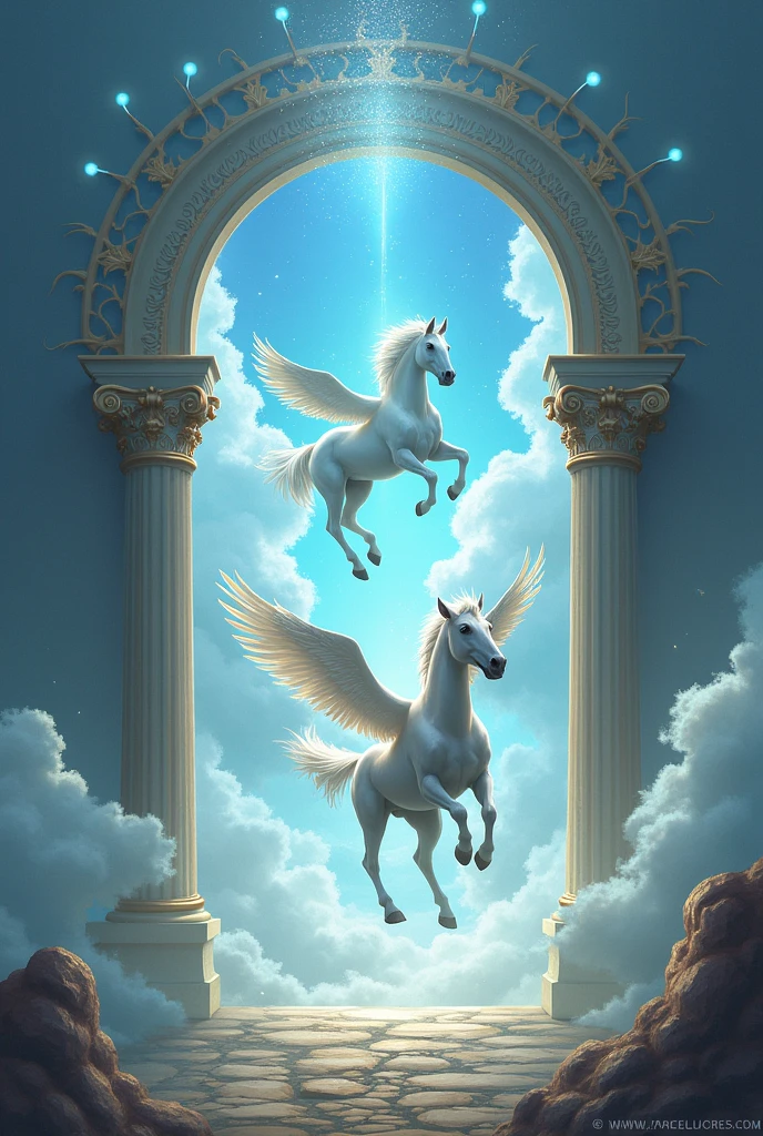 Heavens gate with horses flying