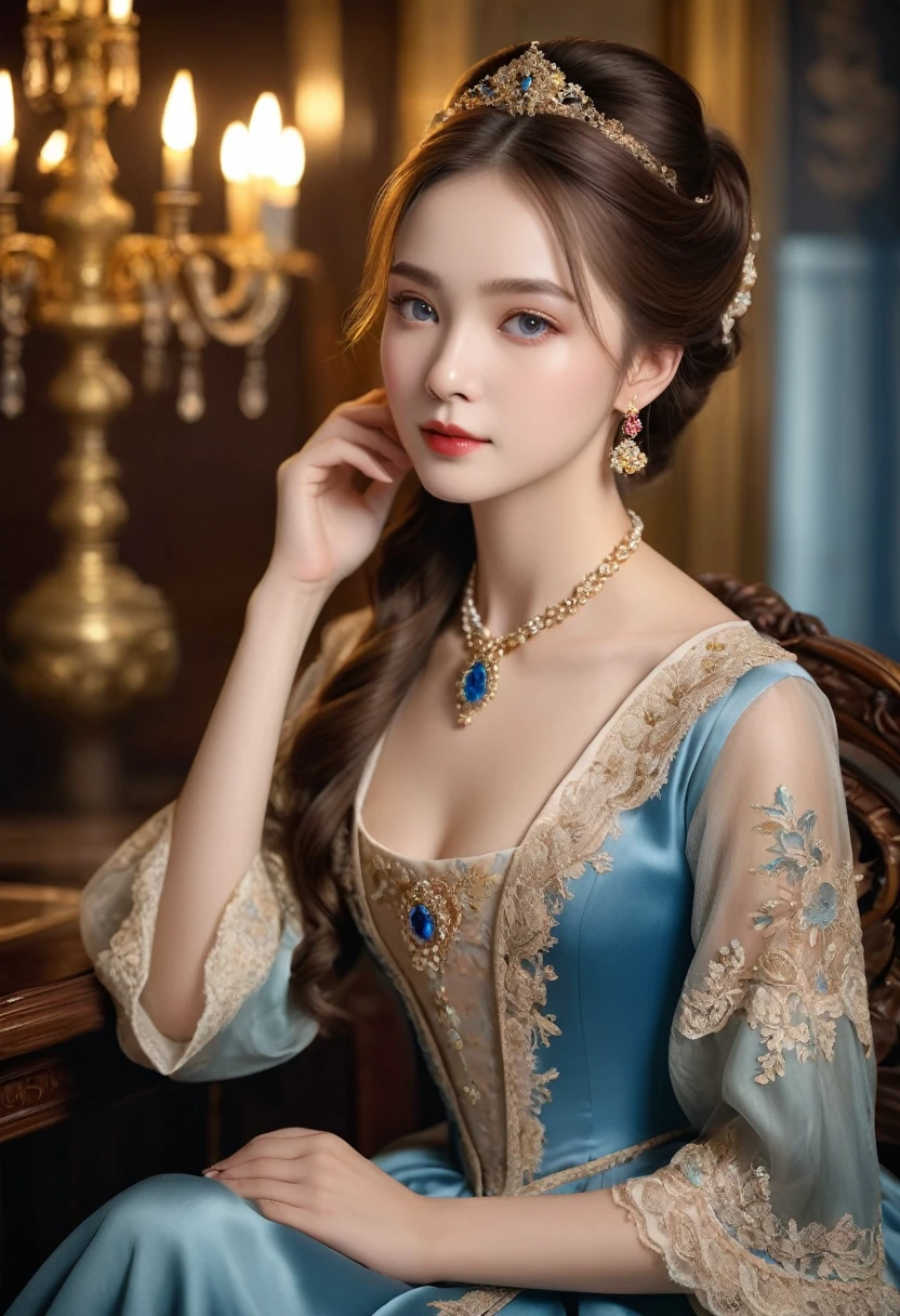 (best quality,4K,8K,high resolution,masterpiece:1.2),Extremely detailed,(Practical,photoPractical,photo-Practical:1.37),portrait,,Pastel,personalized masterpiece,18th century,Russian,noble,girl,noble Daughter,,Extremely beautiful,Face,Has dark blue eyes,Delicate nose,Sweet mouth,Porcelain skin,红扑扑的Face,Long flowing brown hair,Silk dress,Elegant Posture,Fine Jewelry,Embroidered lace collar,Grand Background,Rich interior,Faint golden light