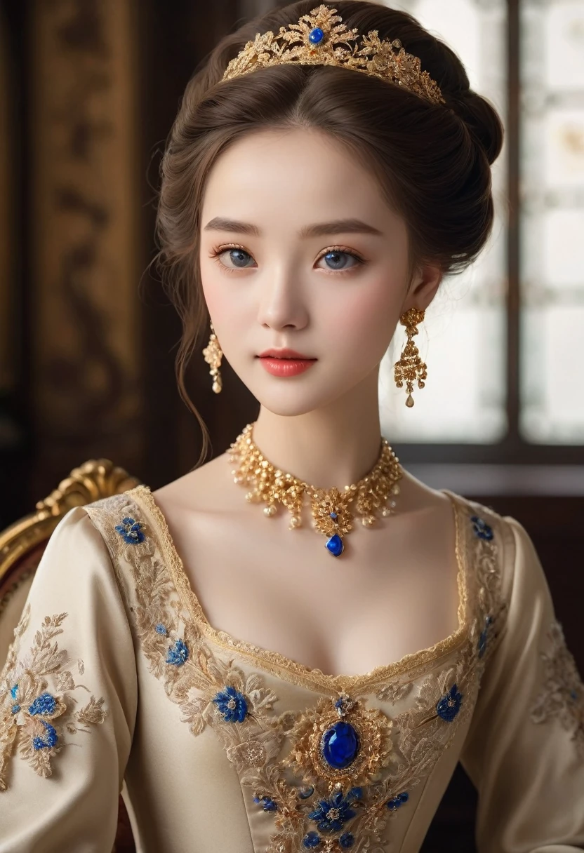 (best quality,4K,8K,high resolution,masterpiece:1.2),Extremely detailed,(Practical,photoPractical,photo-Practical:1.37),portrait,,Pastel,personalized masterpiece,18th century,Russian,noble,girl,noble Daughter,20 years old,Extremely beautiful,Face,富有表现力的Eye,Delicate nose,Sweet mouth,Porcelain skin,红扑扑的Face,flowing curls,Silk dress,solemn gesture,Fine Jewelry,Embroidered lace collar,Grand Background,Rich interior,Faint golden light,Large Breasts, detailed Face, Long eyelashes, Red lip gloss, Eye, open mouth, 