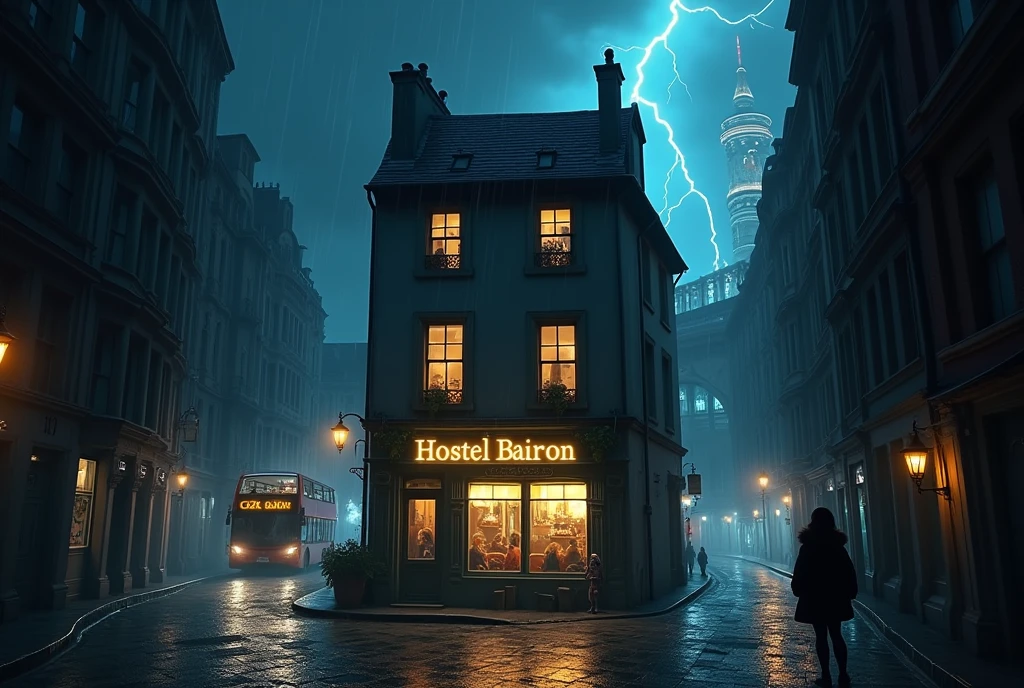 symmetrical image, old europe street, midnight, small hostel building, two floors, text says " HOSTEL BAIRON", hostel sandwitched beetween two high buildings, old london style, light rain, lightning, megapolis blurred lights on background, tourist bus driving away, girl standing close on right silloutte