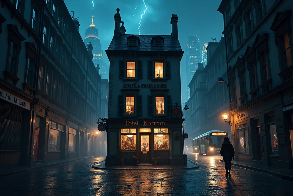 symmetrical image, old europe street, midnight, small hostel building, two floors, text says " HOSTEL BAIRON", hostel sandwitched beetween two high buildings, old london style, light rain, lightning, megapolis blurred lights on background, tourist bus driving away, girl standing close on right silloutte