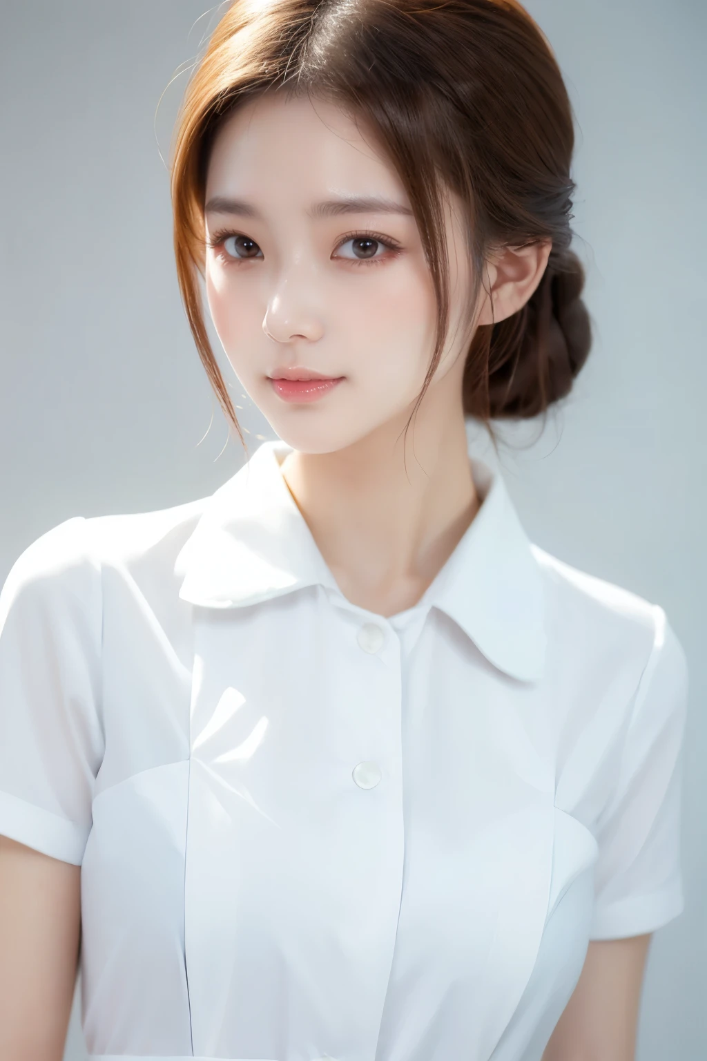(Tabletop、highest quality、32k、Award-winning works、Ultra-high resolution)、(One beautiful nurse:1.1)、(The perfect white nurse uniform:1.1),Chignon,Shiny, beautiful hair,Accurate anatomy,(Strongly blurred white background:1.1),(very bright white lighting:1.1)、(Close-up of face:1.3),Perfect beautiful makeup,Spectacular Cinema Lighting、Tyndall effect,(standing elegantly:1.1),(Shining white skin:1.1)、Shiny beautiful skin、Radiant Skin,滑らかで汚れの無い美しい肌の顔,顔は滑らかな白い色,