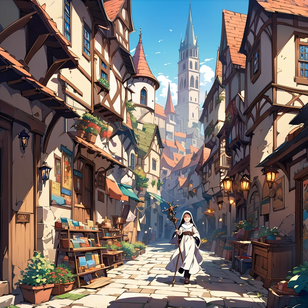 Medieval Europe,During the day,A nun in white monastic robes,Holding a short staff,A book hangs on the belt,Strolling the city streets。Mid-ground composition,Anime style,Game illustration style,Magic style,Suitable for card illustrations。