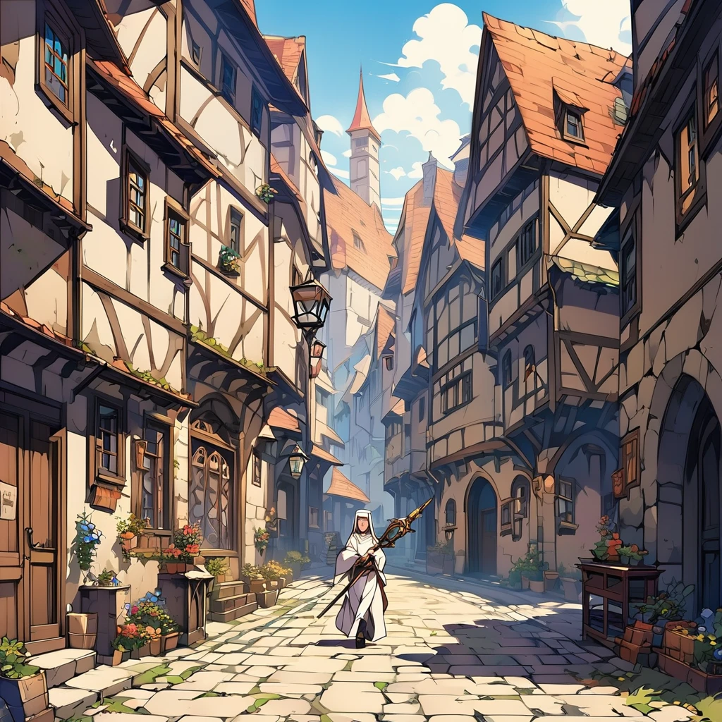 Medieval Europe,During the day,A nun in white monastic robes,Holding a short staff,A book hangs on the belt,Strolling the city streets。Mid-ground composition,Anime style,Game illustration style,Magic style,Suitable for card illustrations。
