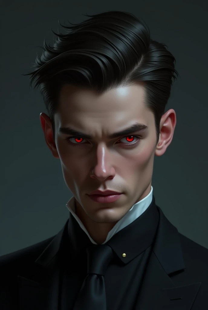 , at 25, is a strikingly handsome man with piercing red eyes that burn with an inner fire. He sports impeccably tailored dark suits that accentuate his sharp, defined features. His neatly trimmed dark hair complements his constant, unsettling smirk. With a smooth, chilling voice, he exudes both youthful elegance and a menacing edge.