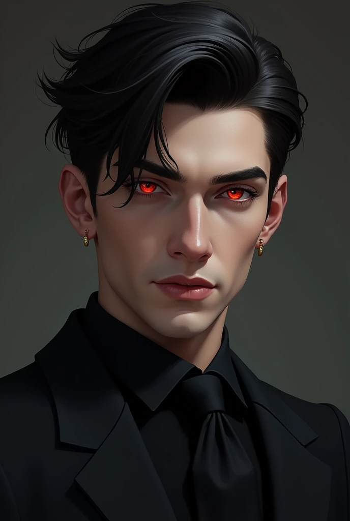 , at 25, is a strikingly handsome man with piercing red eyes that burn with an inner fire. He sports impeccably tailored dark suits that accentuate his sharp, defined features. His neatly trimmed dark hair complements his constant, unsettling smirk. With a smooth, chilling voice, he exudes both youthful elegance and a menacing edge.