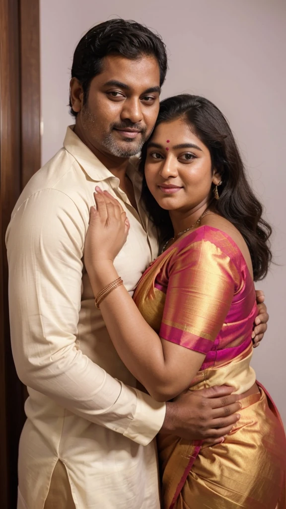 a  50-year-old shirtless man  affectionately hugging and kissing aradiant, full-figured South Indian plus-sized 30 year old teacher wearing a cream silky saree in  dressing room, captured in a full-body image with vibrant hues and meticulous details. Full body image