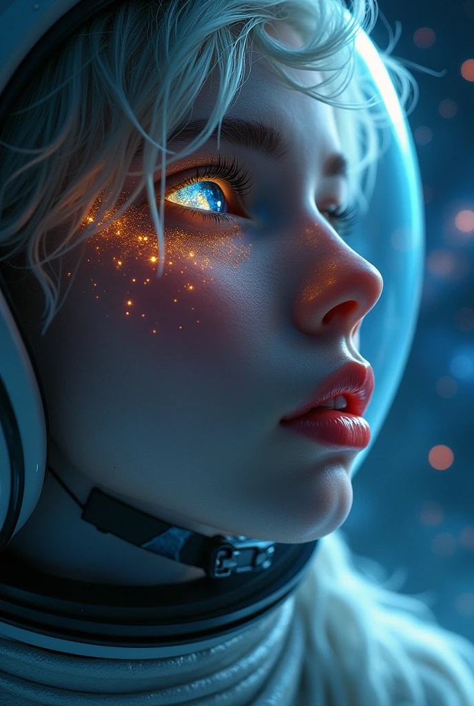 (Close-up of a better masterpiece:1.5)0.9], (Space and astronauts:1.2) (Messy silver hair:1.1) (Heterochromia xanthochromia and blue eyes:1.2) (Space Helmet:1.0) (Colored stars in the eyes:1.0) (A radiant glow:1.1) (thick lips:0.9)