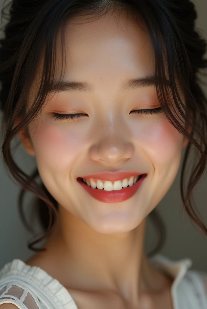 Vietnamese girl, full lips, close eyes, smile, show tooth, closeup